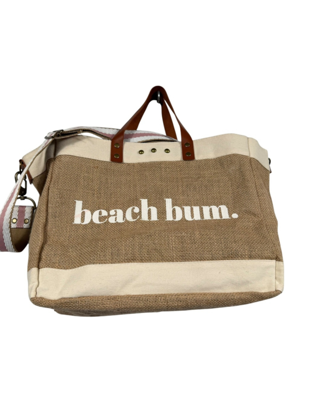 Beach Bum Canvas Jute Tote Bag Beige Brown Striped Strap Casual Travel Women's - Picture 3 of 10